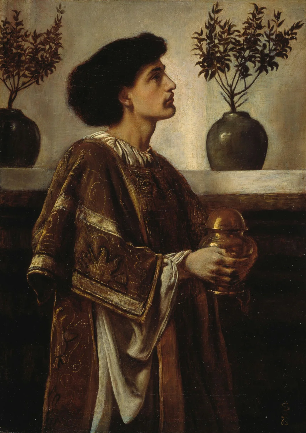 Figura dipinta di profilo con un vaso di fiori